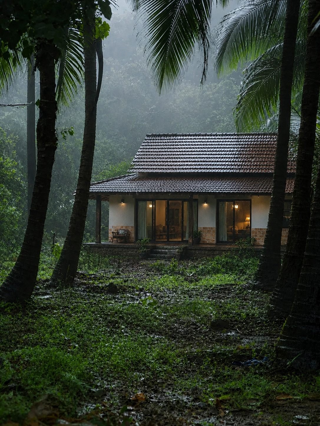 A tiled-roof Konkan cottage lit up at dusk in the rain, framed by silhouetted palm trees