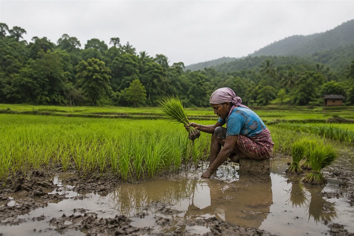 A farmer transplanting rice seedlings in a flooded paddy field in Konkan during the monsoon, hills in the background