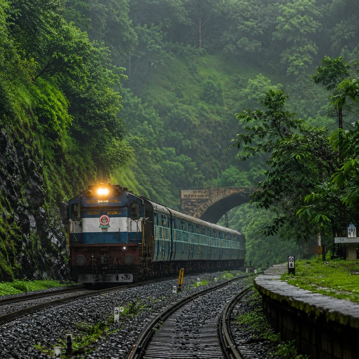 Konkan Railway train emerging from a misty, forested rock cutting in the Sahyadri hills during monsoon