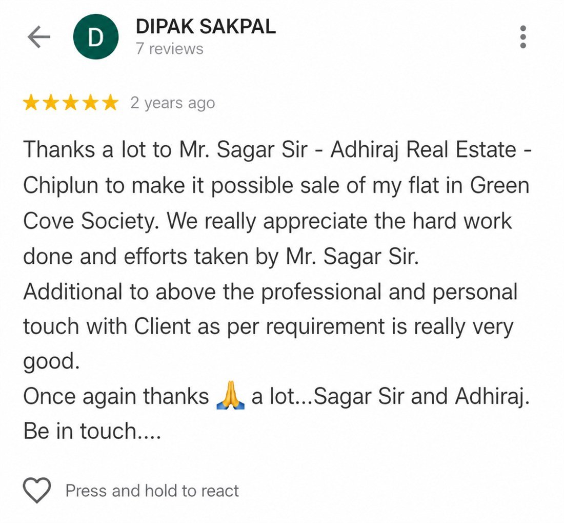 Five-star Google review from Dipak Sakpal thanking Sagar and Adhiraj Real Estate for professionally handling the sale of his flat in Green Cove Society
